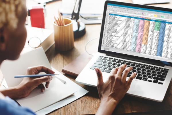 Woman working on laptop using spreadsheet program