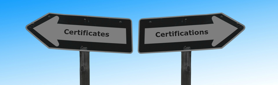 Two street signs pointing different directions with the words "certificates" and "certifications"