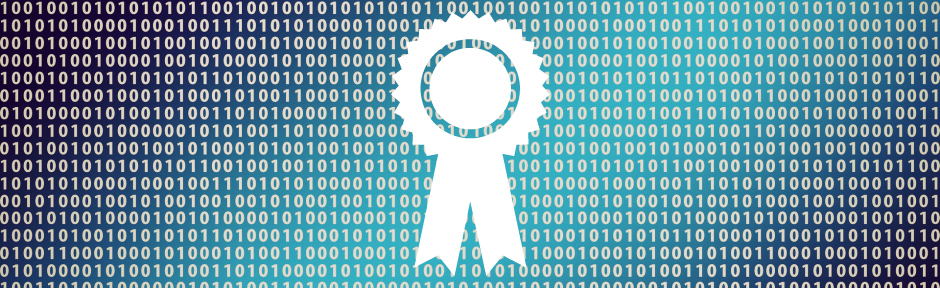 Binary code with certification ribbon superimposed on top