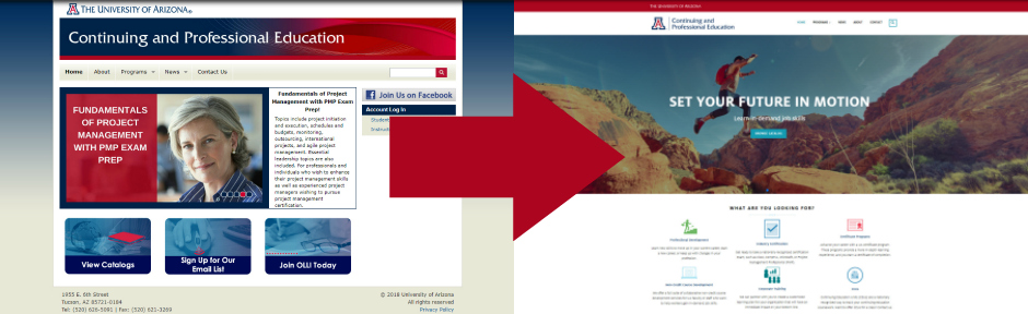 Screen shot of old website homepage and new website homepage side-by-side with an arrow pointing from one to the other.