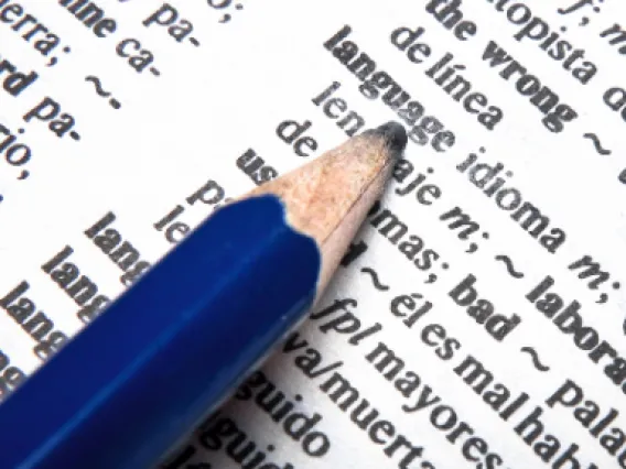 Spanish/English dictionary showing Spanish translations of the English word, "language"