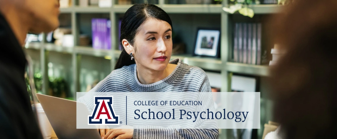 School psychologist in a team meeting with UA College of Education logo superimposed on top