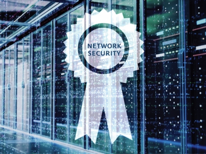 Network Security Certificate Outline of a certification overlaid on a server room hallway