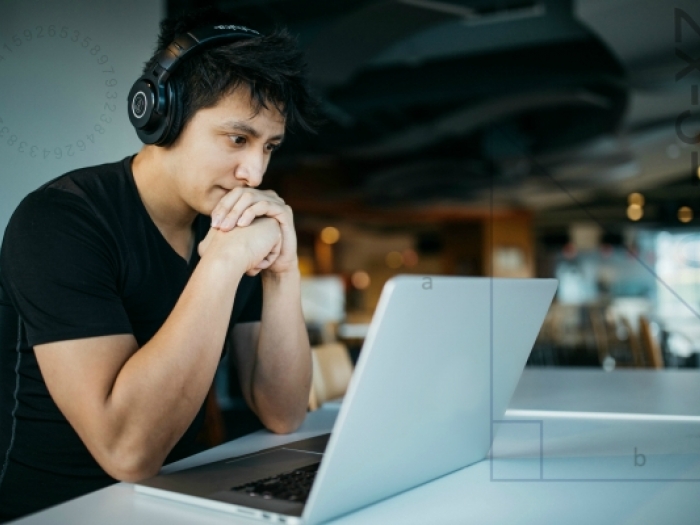 Math Readiness math refresher program Man wearing headphones, working on a laptop, with mathematical formulas overlaid on top