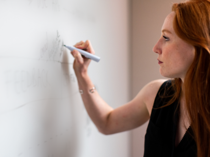 Female IT project manager writing on a whiteboard